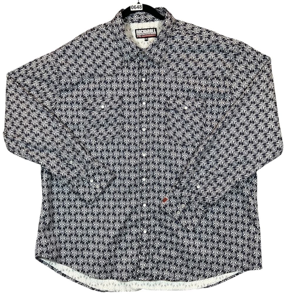 Rock and Roll Denim Mens Pearl Snap Shirt Green Aztec Stretch Long Sleeve Size M